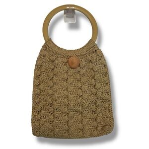 Vintage Crochet Bag Tan Beige 70’s Handmade‎ Bohemian Retro Knit Shoulder Purse